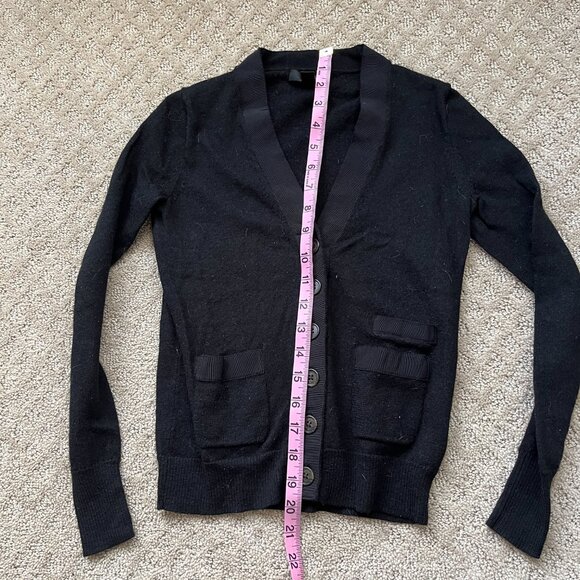J. Crew Cardigan Black V Neck Pockets Merino Wool Tight Knit Ribbon Trim Size XS - Picture 6 of 10